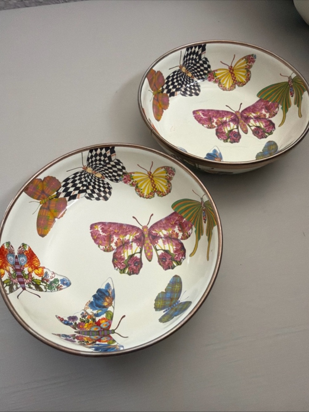 Mackenzie Childs Set of 2 White Butterfly 4.5 inch Dipping Bowls Enamel